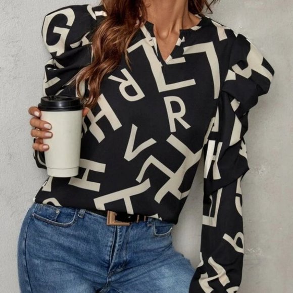 Letter Notched Neck Puff Sleeve Button down Blouse - Picture 3 of 6